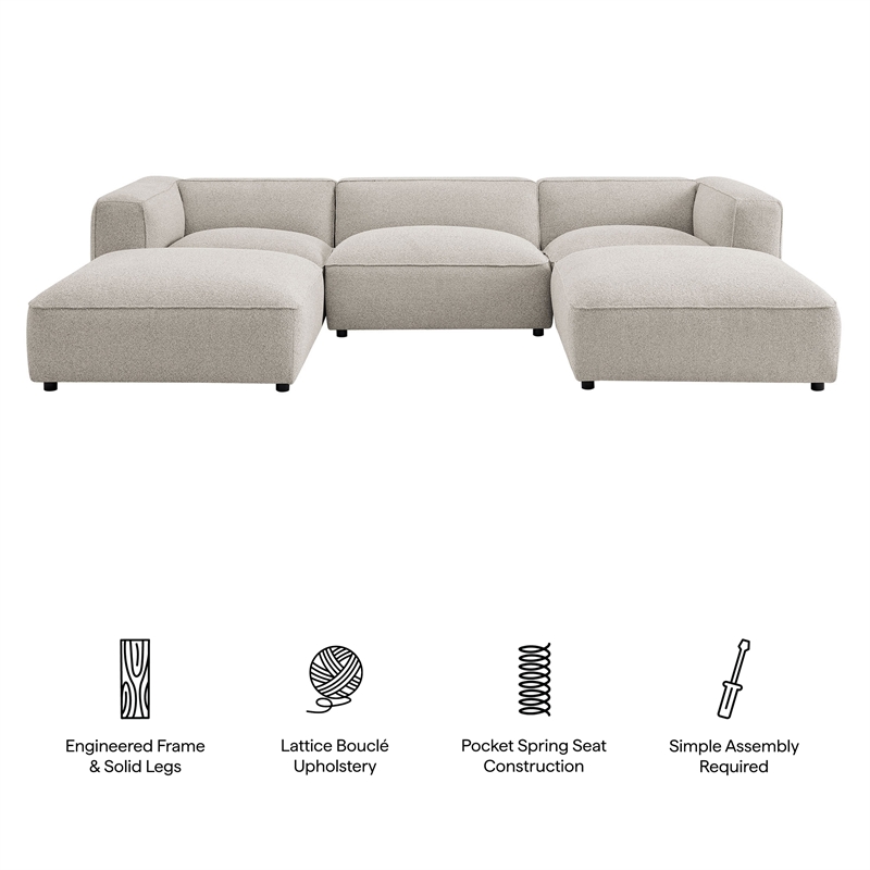 Auren Lattice Boucle 5 Piece Sectional with 2 Ottomans in Fog