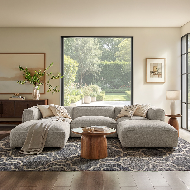 Auren Lattice Boucle 5 Piece Sectional with 2 Ottomans in Fog