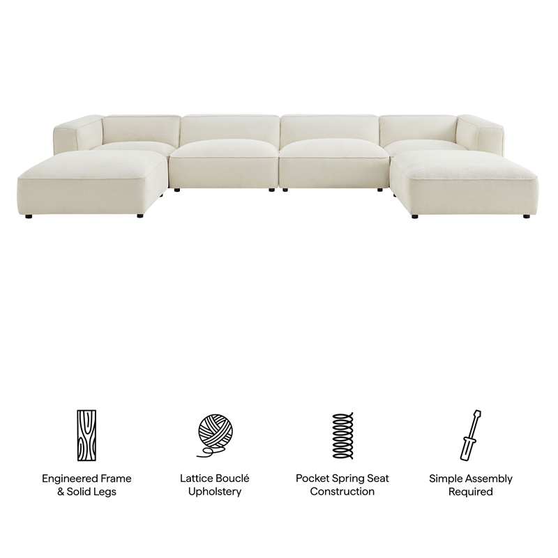 Auren Lattice Boucle 6 Piece Sectional with 2 Ottomans in Cream