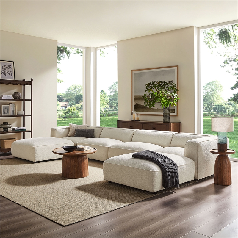 Auren Lattice Boucle 6 Piece Sectional with 2 Ottomans in Cream