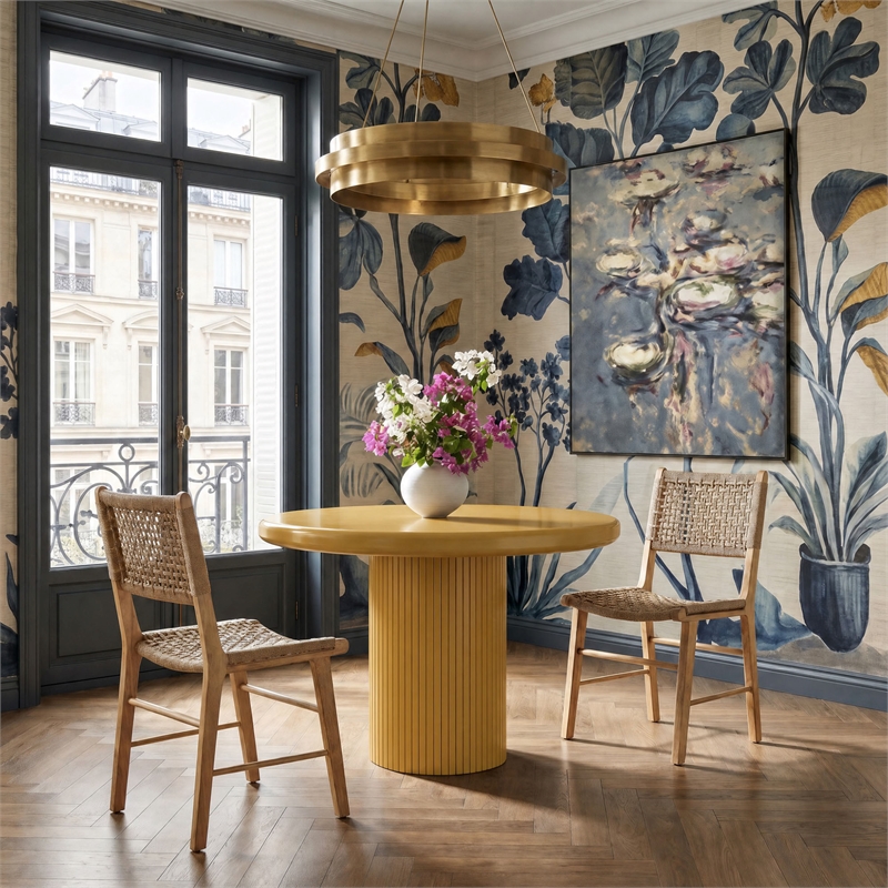 Belmonte 45 Inch Round Dining Table with Fluted Pedestal Base in Mustard