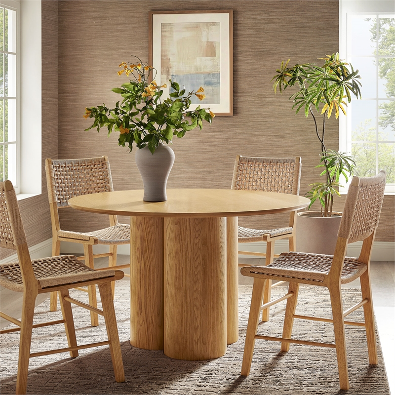 Renwick 47 Inch Round Oak Veneer Dining Table with Pedestal Base in Oak