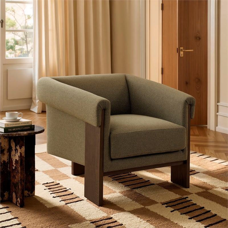 Halbrook Linen Blend Accent Chair with Wood Tripod Base in Olive