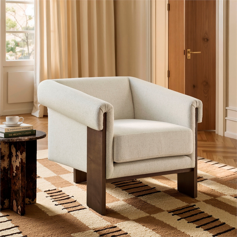 Halbrook Linen Blend Accent Chair with Wood Tripod Base in Ivory