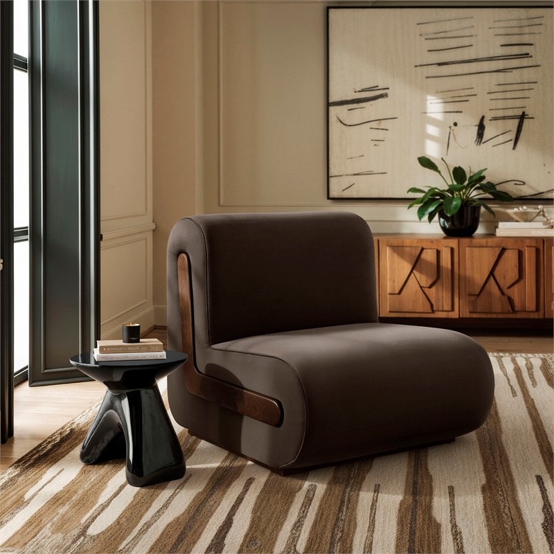 Denby Performance Velvet Accent Chair with Wood Inlay in Chocolate Brown