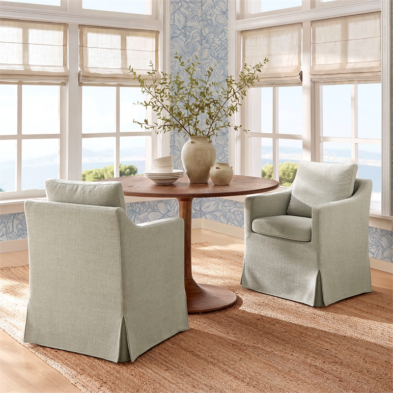 Serene Performance Fabric Dining Armchair with Floor-Length Skirt in Linen