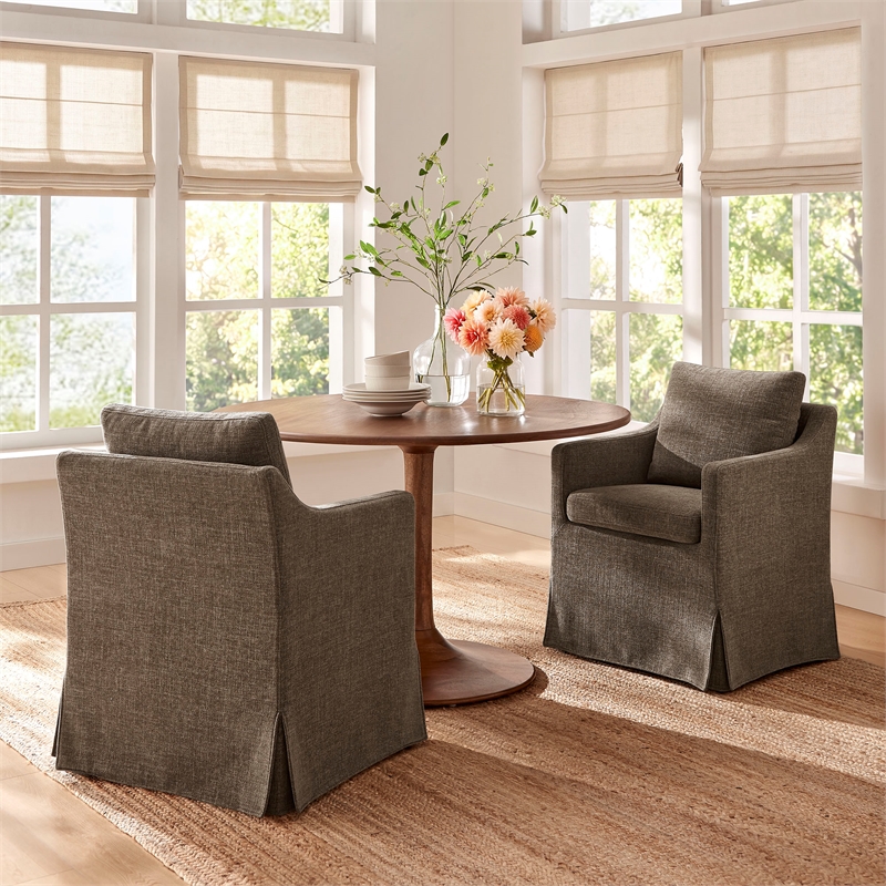 Serene Performance Fabric Dining Armchair with Floor-Length Skirt in Mocha