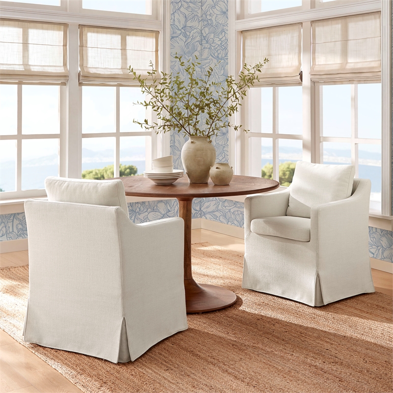 Serene Performance Fabric Dining Armchair with Floor-Length Skirt in Salt
