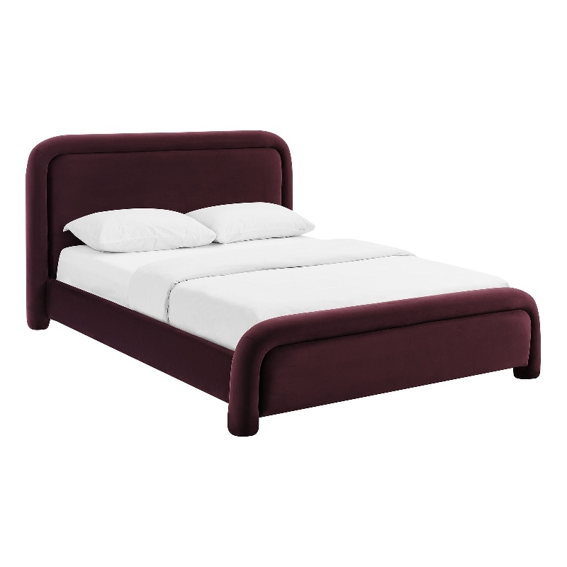 Beck Performance Velvet Queen Platform Bed with Piped Headboard in Mulberry