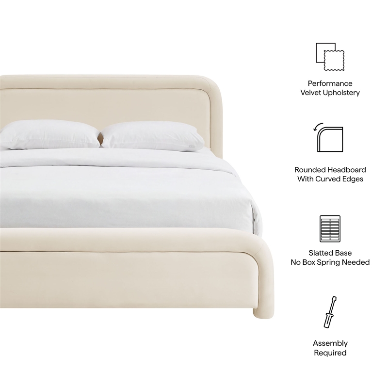 Beck Performance Velvet King Platform Bed with Piped Headboard in Alabaster