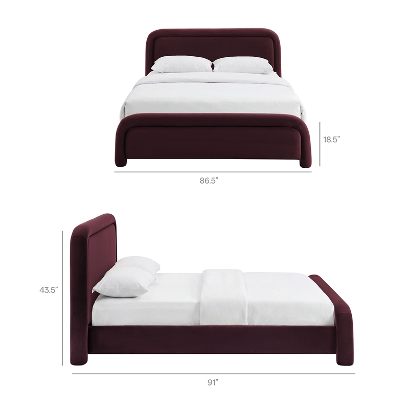 Beck Performance Velvet King Platform Bed with Piped Headboard in Mulberry