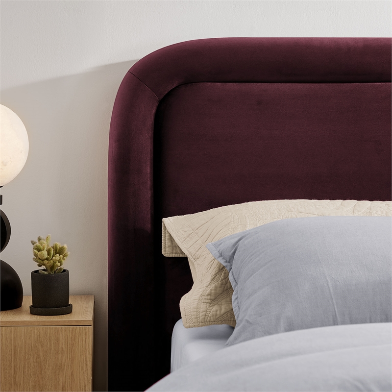 Beck Performance Velvet King Platform Bed with Piped Headboard in Mulberry