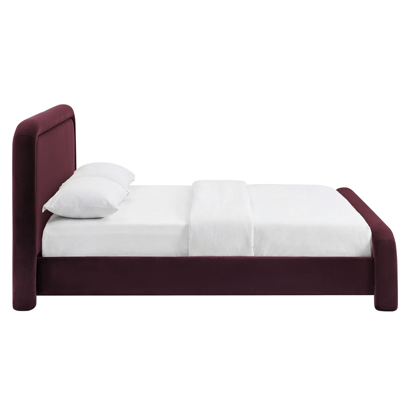 Beck Performance Velvet King Platform Bed with Piped Headboard in Mulberry