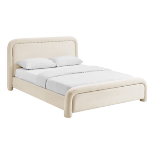Beck Performance Velvet Queen Platform Bed with Piped Headboard in Alabaster