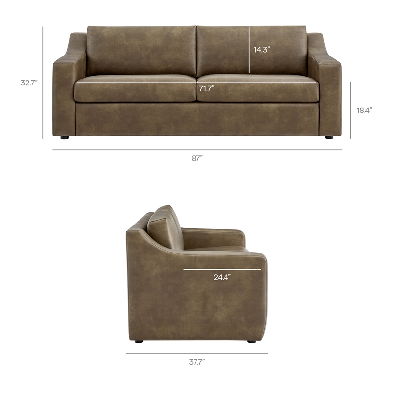 Liora 87 Inch Vegan Leather Sofa with Sloped Arms in Mushroom