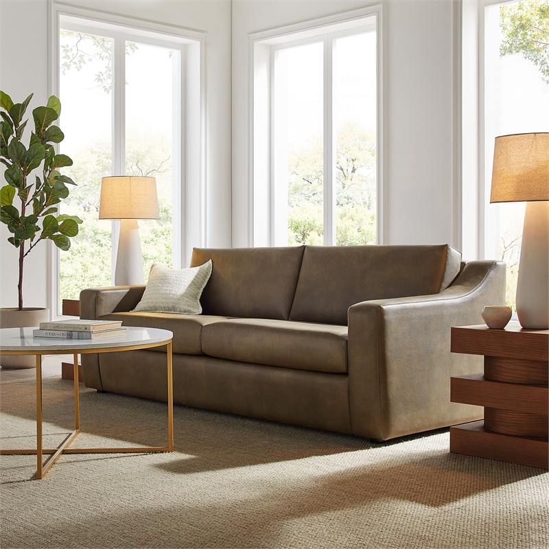 Liora 87 Inch Vegan Leather Sofa with Sloped Arms in Mushroom
