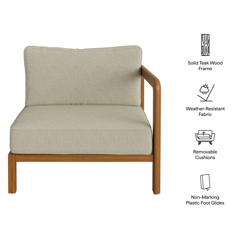Kona Outdoor Teak Wood Right-Arm Facing Modular Armchair in Sand