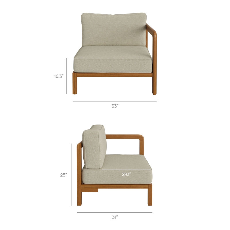 Kona Outdoor Teak Wood Right-Arm Facing Modular Armchair in Sand