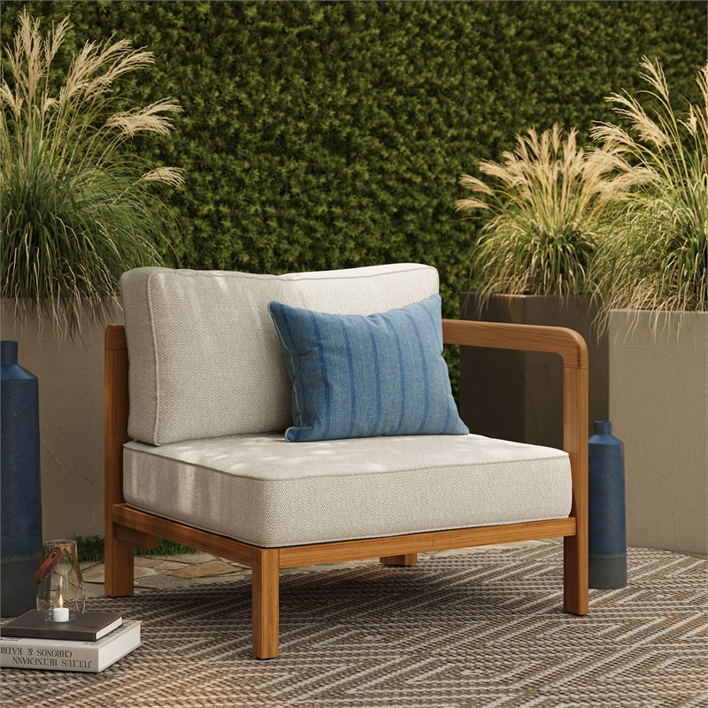 Kona Outdoor Teak Wood Right-Arm Facing Modular Armchair in Sand