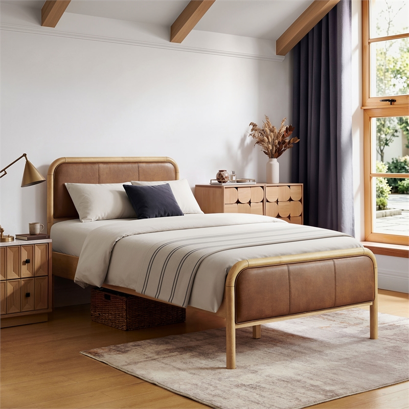 Wexford Vegan Leather Twin Platform Bed in Light Oak Canyon