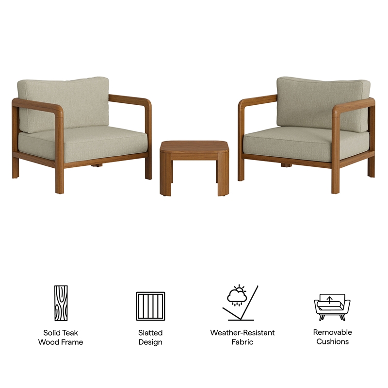 Kona 3-Piece Outdoor Teak Wood Furniture Set in Sand