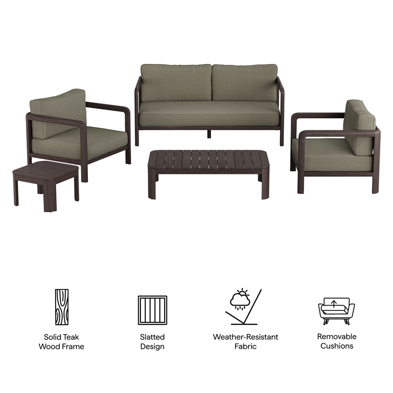Kona 5-Piece Outdoor Teak Wood Furniture Set in Ash