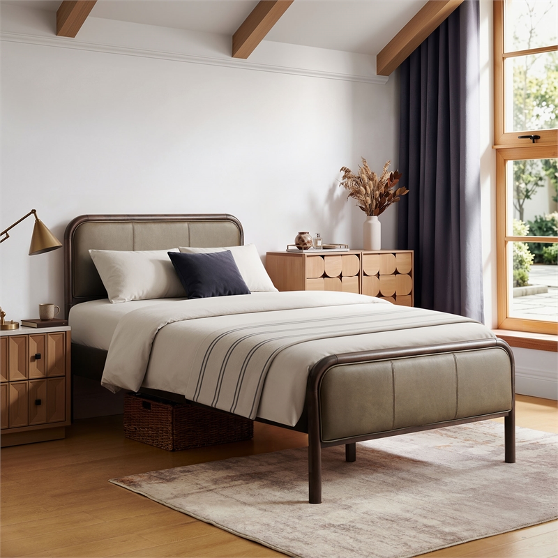 Wexford Twin Vegan Leather Platform Bed with Solid Wood Frame in Wenge Mushroom