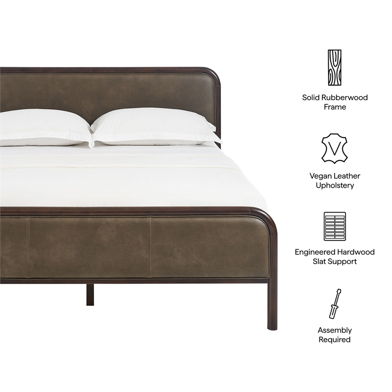 Wexford Queen Vegan Leather Platform Bed with Solid Wood Frame in Wenge Mushroom