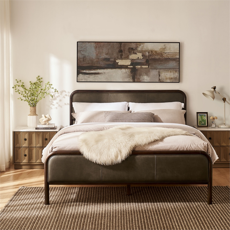 Wexford Queen Vegan Leather Platform Bed with Solid Wood Frame in Wenge Mushroom