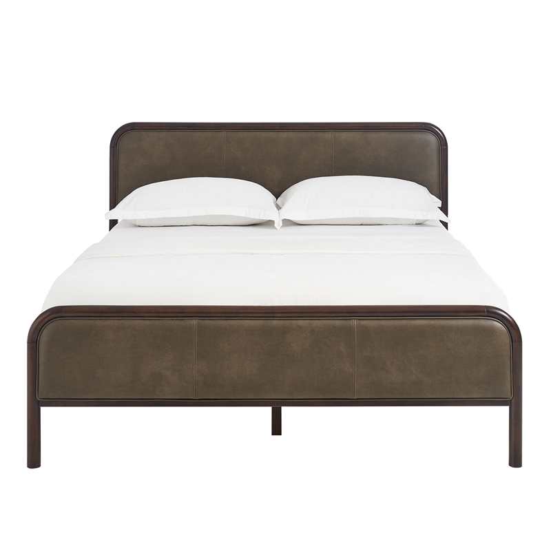 Wexford Queen Vegan Leather Platform Bed with Solid Wood Frame in Wenge Mushroom