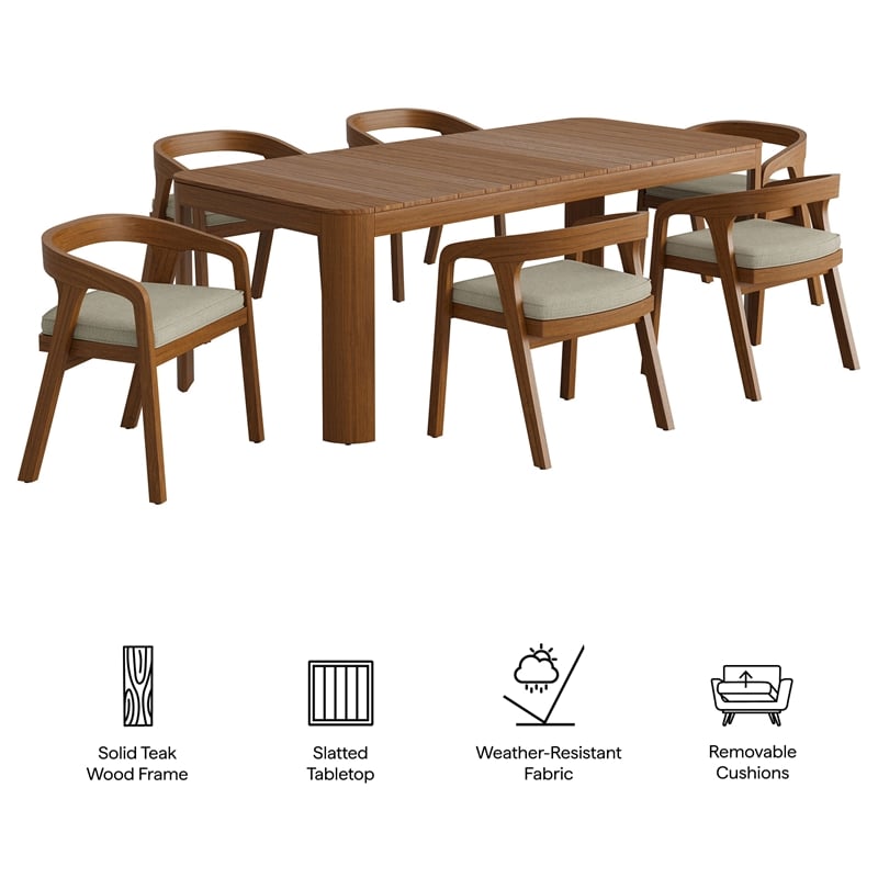 Kona 7-Piece Outdoor Teak Wood Dining Set in Sand