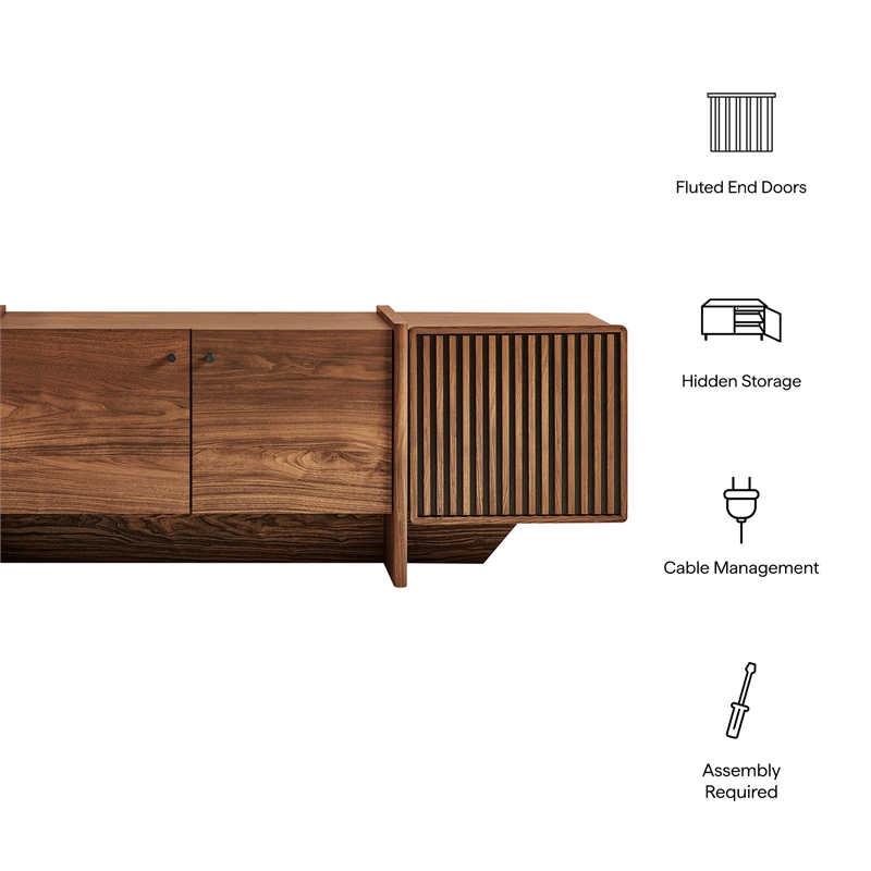Yarrow 77 Inch Four Door TV Stand with Fluted End Cabinets in Walnut