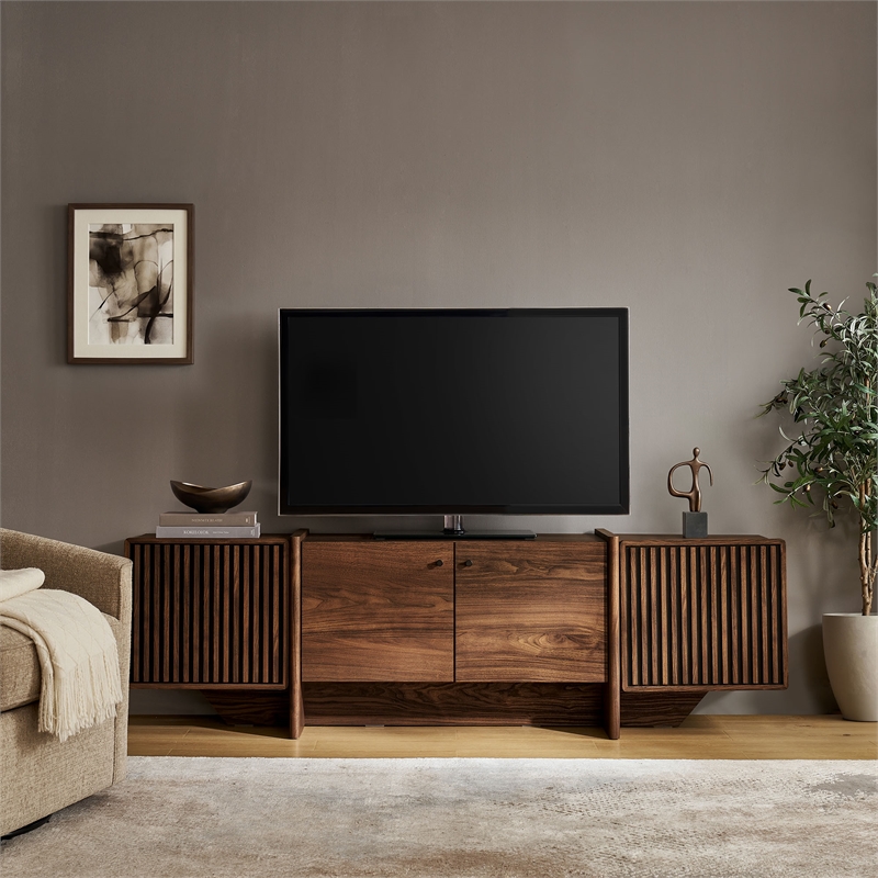 Yarrow 77 Inch Four Door TV Stand with Fluted End Cabinets in Walnut