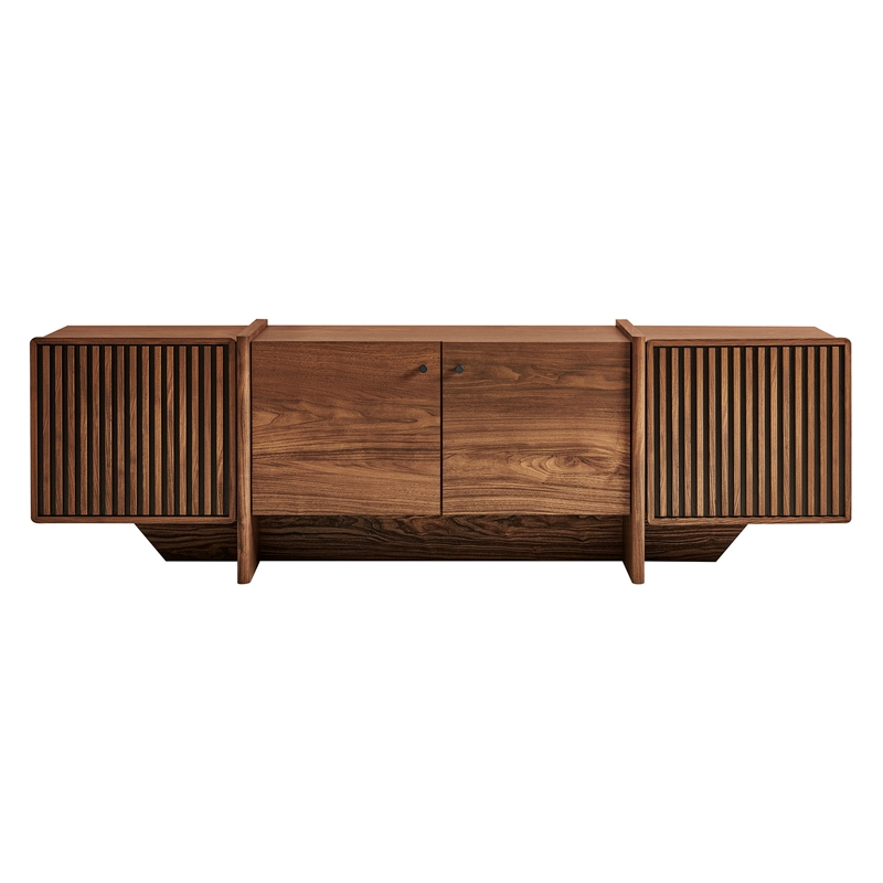 Yarrow 77 Inch Four Door TV Stand with Fluted End Cabinets in Walnut
