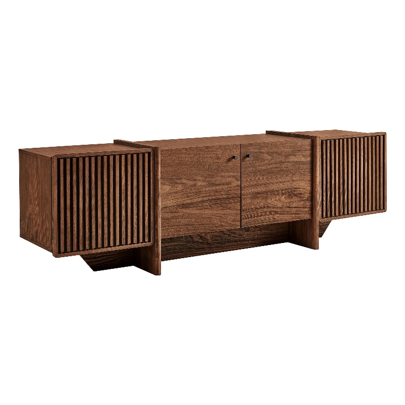 Yarrow 77 Inch Four Door TV Stand with Fluted End Cabinets in Walnut