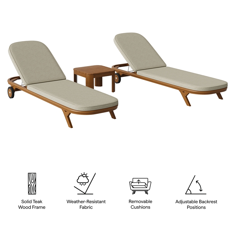Kona 3-Piece Outdoor Teak Wood Chaise Lounge Set in Sand