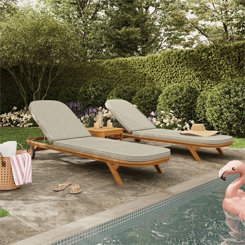 Kona 3-Piece Outdoor Teak Wood Chaise Lounge Set in Sand