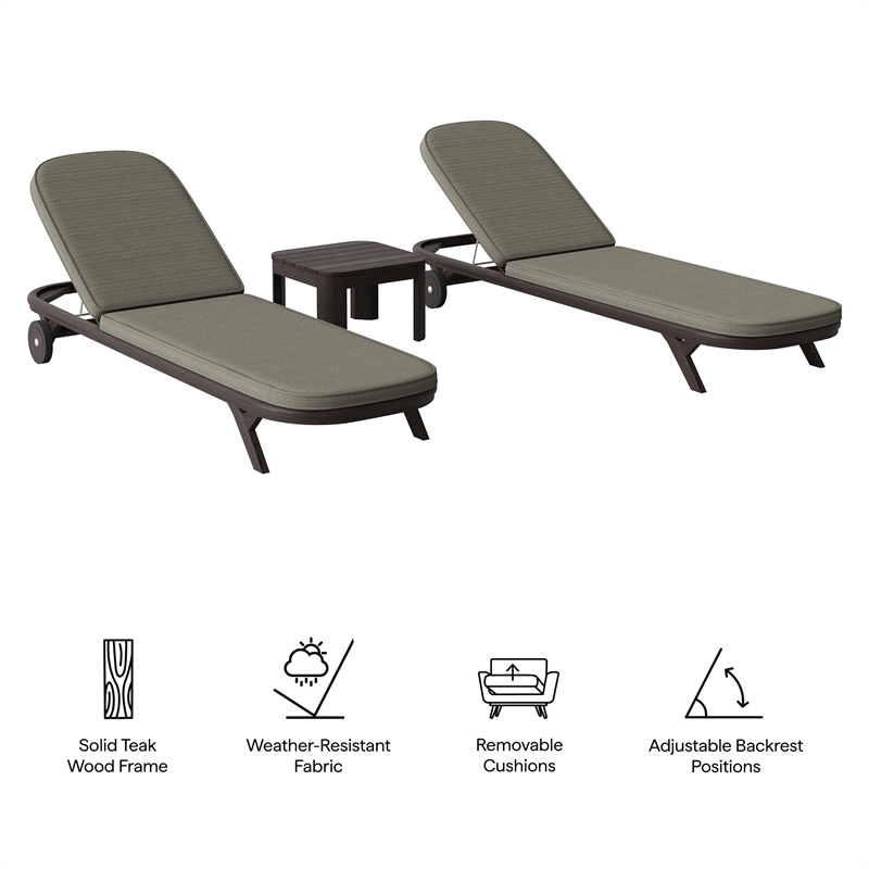 Kona 3-Piece Outdoor Teak Wood Chaise Lounge Set in Ash