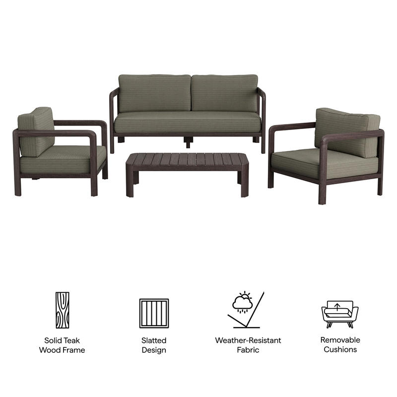 Kona 4-Piece Outdoor Teak Wood Furniture Set in Ash