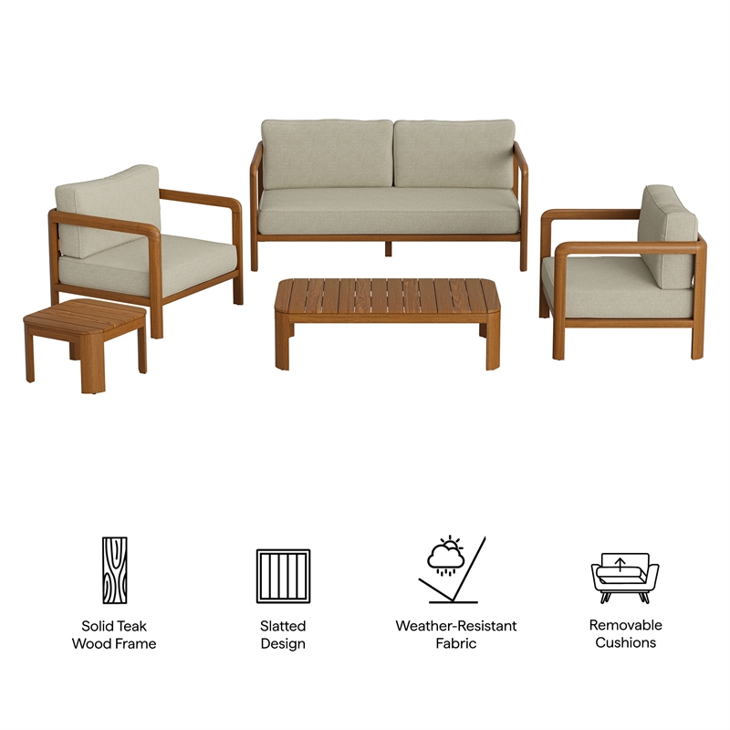Kona 5-Piece Outdoor Teak Wood Furniture Set in Sand