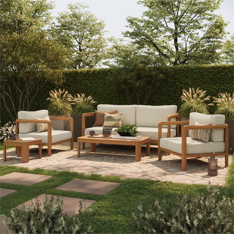 Kona 5-Piece Outdoor Teak Wood Furniture Set in Sand