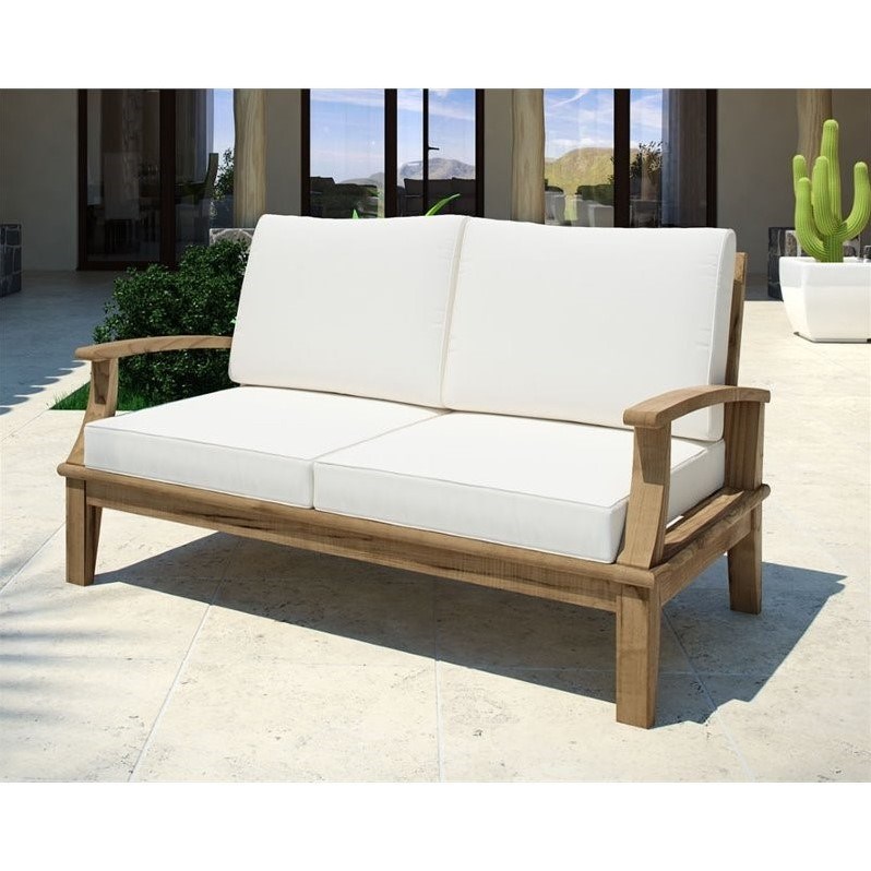 Modway Marina Modern Wood Patio Teak Loveseat in Natural/White