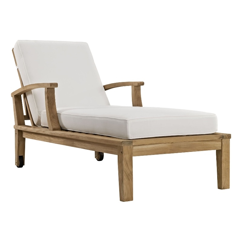 Modway Marina Modern Wood Patio Teak Single Chaise in Natural/White