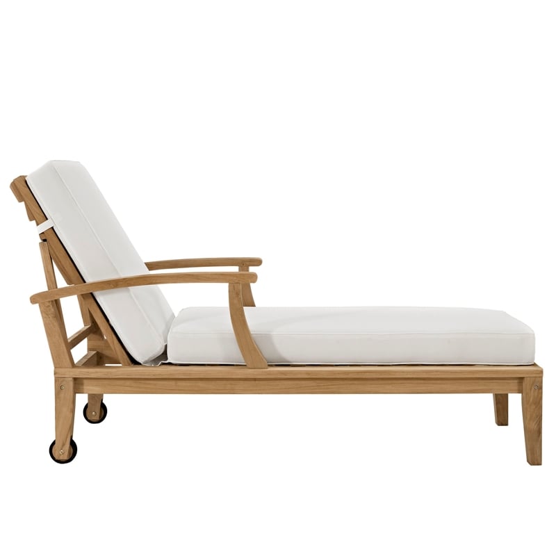 Modway Marina Modern Wood Patio Teak Single Chaise in Natural/White