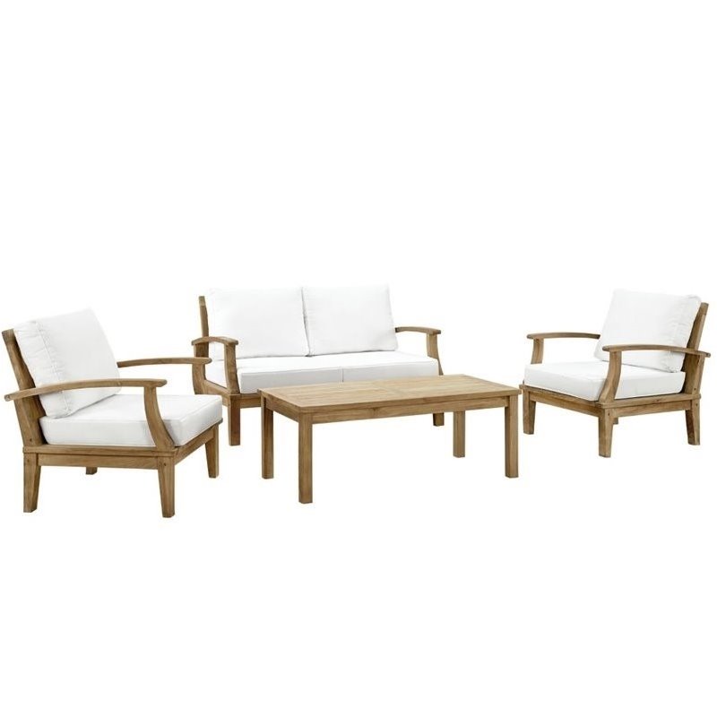 Modway Marina 4-Piece Solid Teak Wood Patio Sofa Set in Natural/White