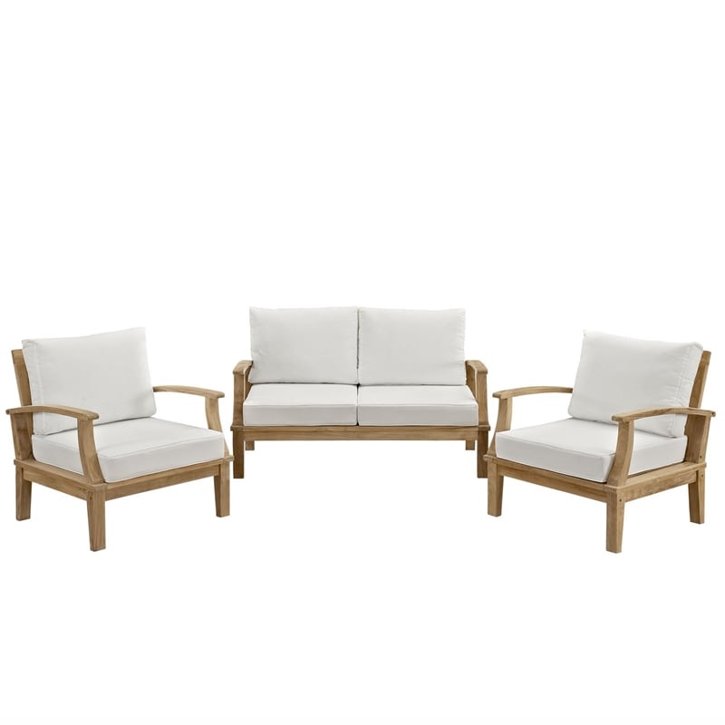 Modway Marina 3 Piece Outdoor Teak Sofa Set in Natural and White