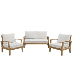 Modway Marina 3 Piece Outdoor Teak Sofa Set in Natural and White