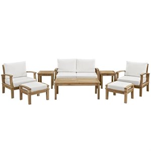 Modway Marina 8 Piece Outdoor Teak Sofa Set in Natural and White