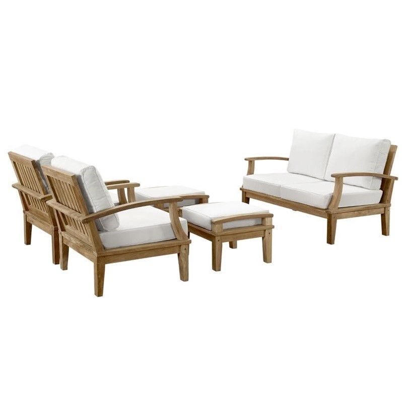 Modway Marina 5 Piece Outdoor Teak Sofa Set in Natural and White