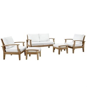 Modway Marina 5 Piece Outdoor Teak Sofa Set in Natural and White